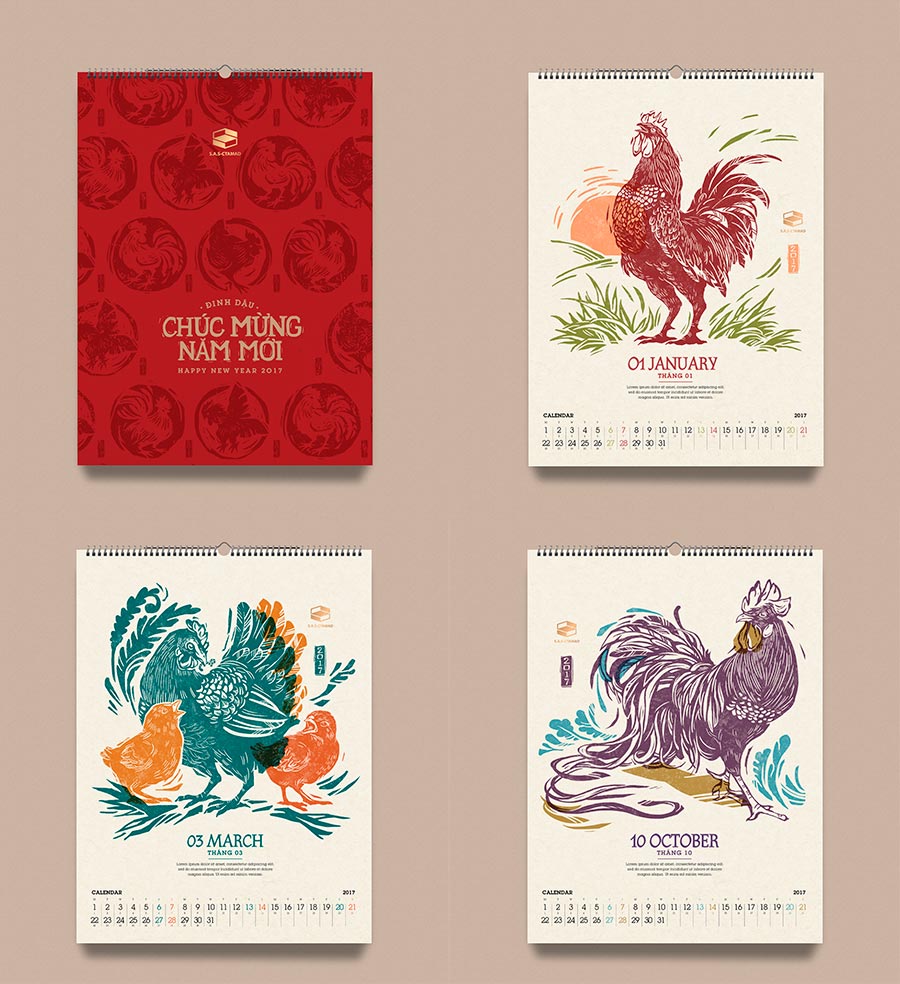 Rooster Woodcut Calendar 2017