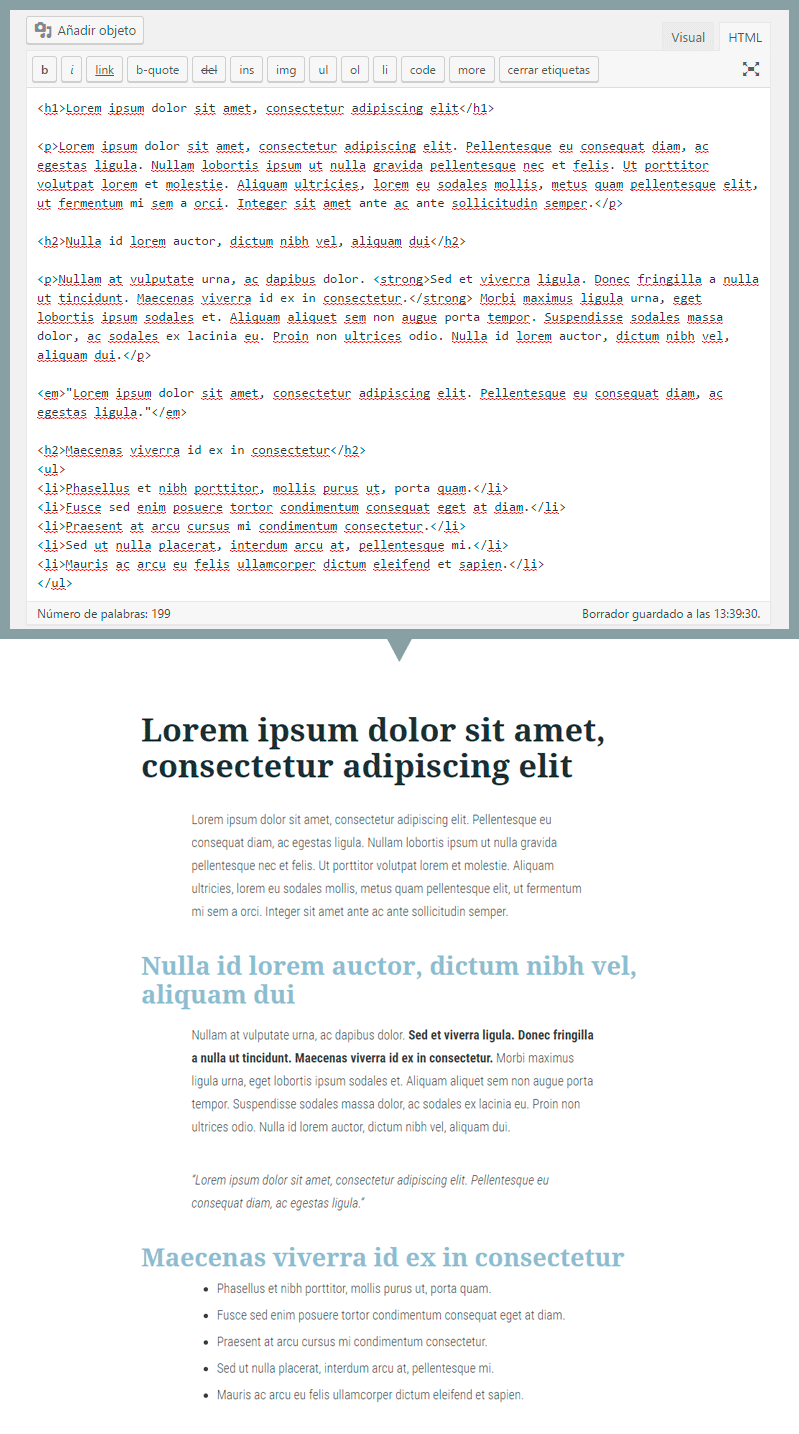 Ejemplo HTML en WordPress con etiquetas