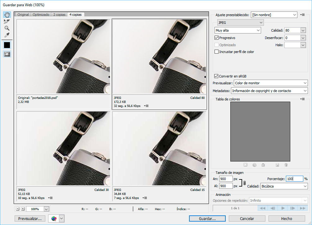 Guardar para web - ventana de Photoshop