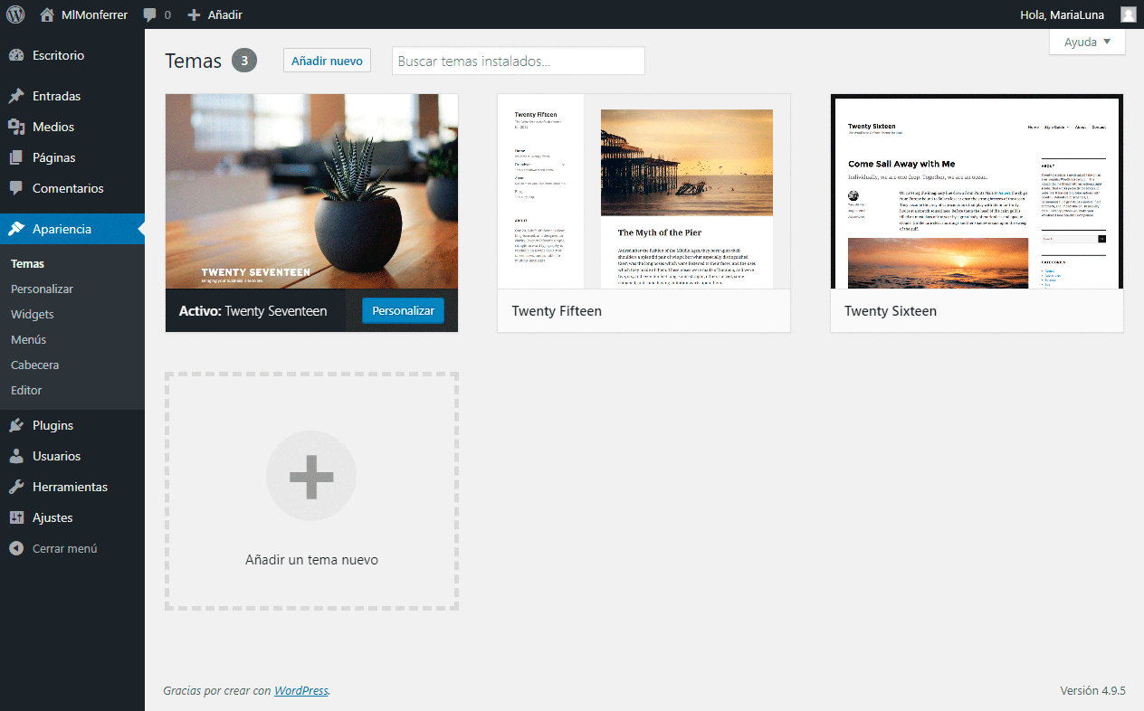 Comprender el área de administración de WordPress - Pantalla principal de Apariencia y gestión de Temas - MlM