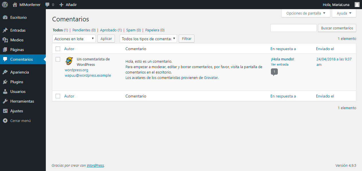 Entender el área de administración de WordPress - Pantalla de gestión de Comentarios - MlM