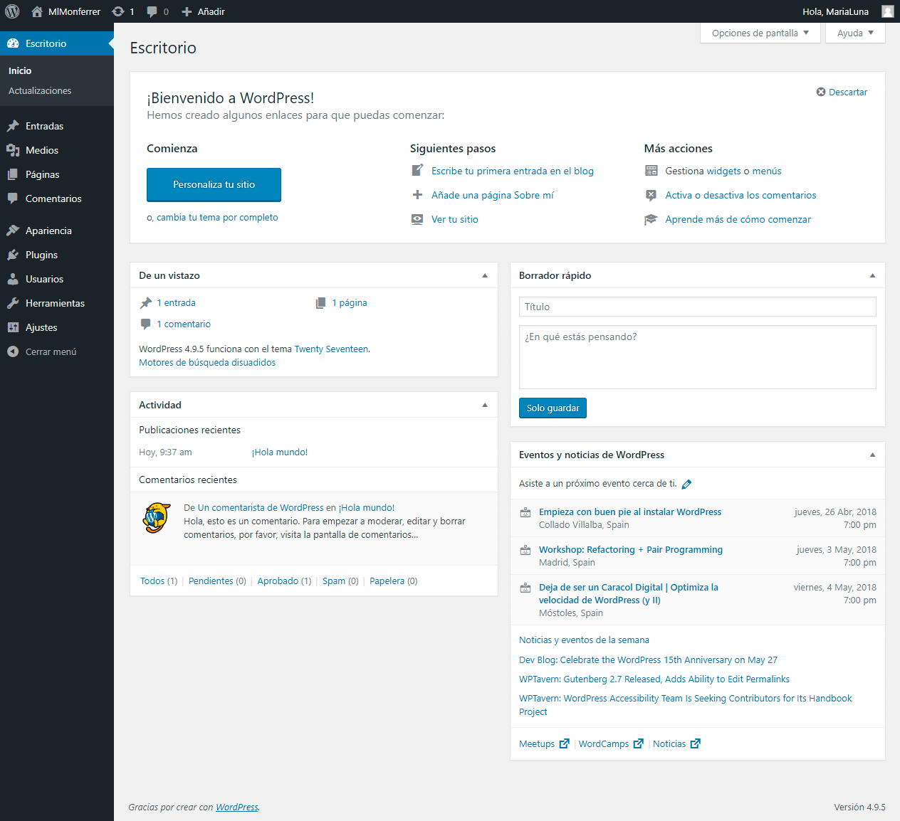Entender el área de administración de WordPress - Pantalla Escritorio - MlM