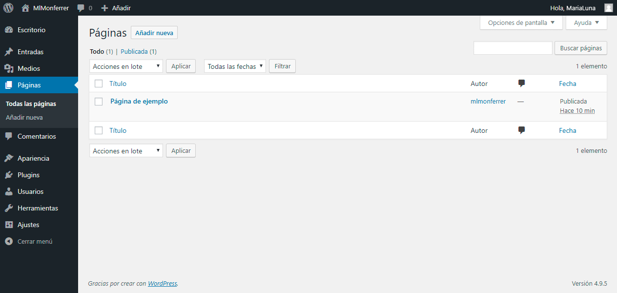 Entender el área de administración de WordPress - Pantalla de gestión de Páginas - MlM