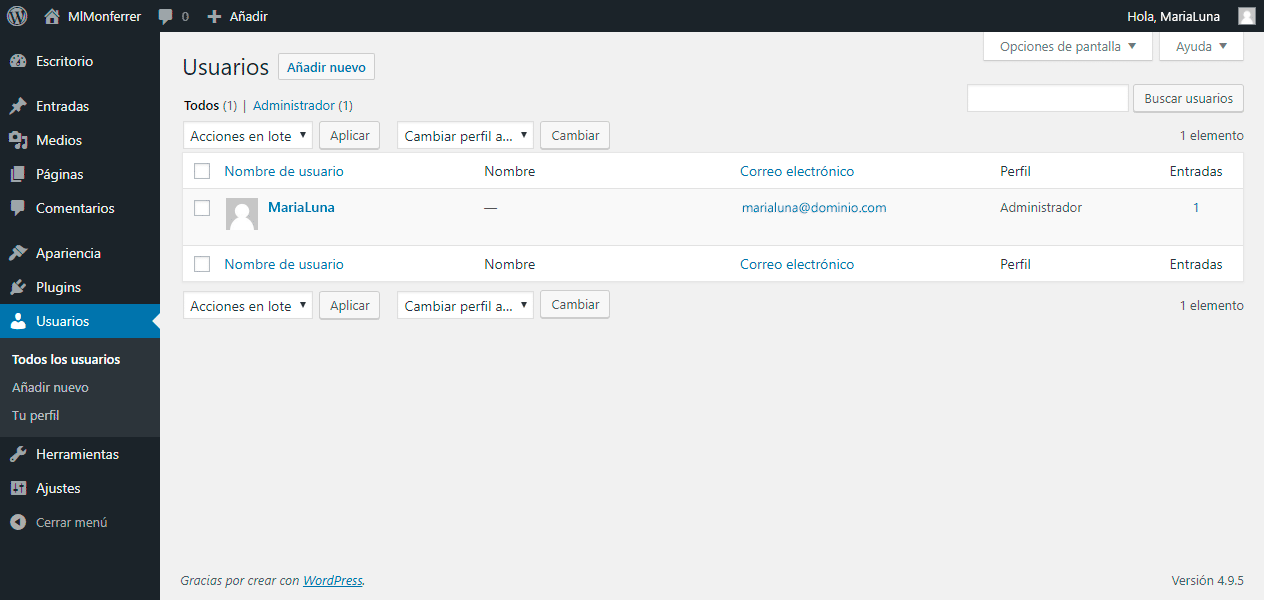 Comprender el área de administración de WordPress - Pantalla de gestión de usuarios - MlM