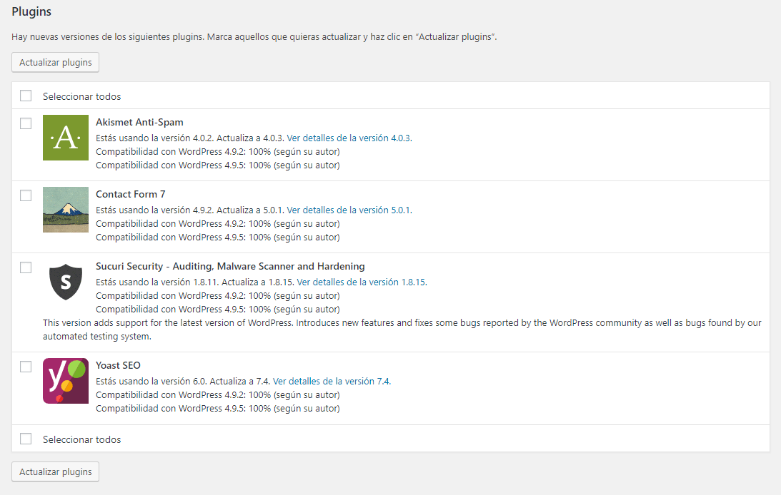 Listado de plugins para actualizar