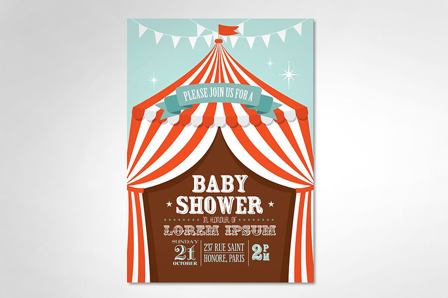 Ejemplo de diseño inspirado en el cirso  |  Circus tent baby shower template  |  mlmonferrer.es