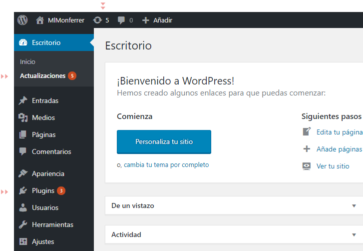 Pantalla del área de administración con actualizaciones pendientes - Actualizar WordPress