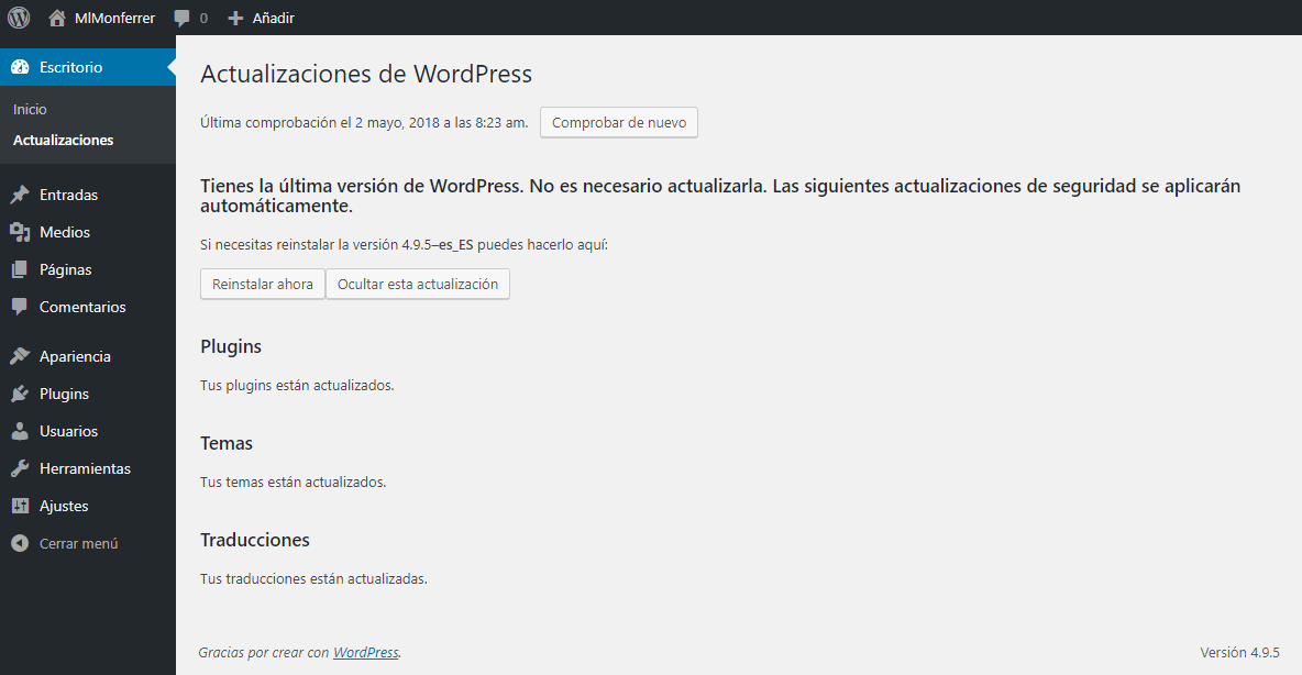 Pantalla de WordPress actualizado