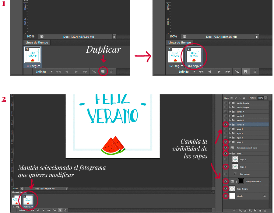 Pasos para construir los fotogramas manualmente  |  Cómo hacer un GIF en Photoshop  | www.mlmonferrer.es
